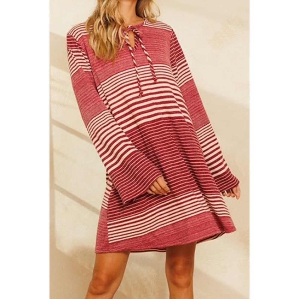 Ces Femme brick red striped self tie ribbon long bell sleeve swing tunic dress